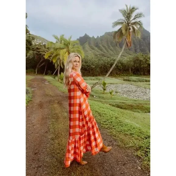 Sundress Isla Gingham Tiered Modal Maxi Dress Cream Coral Size XS/S - Picture 3 of 15